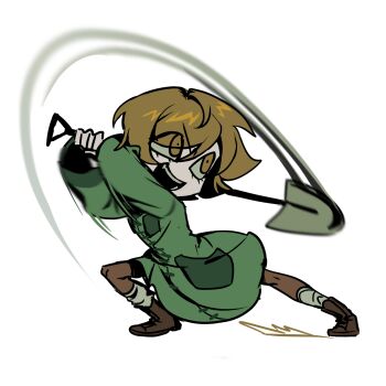 1girl attack_trail brown_eyes brown_hair coat commentary_request esther_freeling full_body green_coat haunted_hotel highres holding holding_shovel korean_commentary looking_to_the_side open_mouth short_hair shovel simple_background solo ss1um white_background