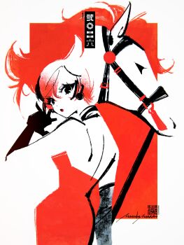 1girl back bare_shoulders black_eyes bob_cut breasts chinese_zodiac choker dress earrings elbow_gloves flat_color from_behind gloves highres horse horse_head jewelry large_breasts leash limited_palette looking_at_viewer looking_back manodemarina multicolored_hair narrow_waist nengajou new_year original profile qr_code red_dress red_hair red_lips red_theme sideboob signature strapless strapless_dress swept_bangs tube_dress two-tone_hair white_hair white_horse year_of_the_horse