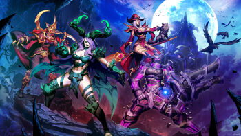 4girls alexstrasza armor bird breasts broom broom_riding bug cat commentary crow english_commentary full_armor full_moon genzoman gloves green_eyes green_gloves green_lips grey_cat hat helmet heroes_of_the_storm highres horns large_breasts maiev_shadowsong mixed-language_commentary moon multiple_girls petting pink_eyes purple_hair sally_whitemane sidesaddle silk spider spider_web toned toned_female witch_hat zarya_(overwatch)