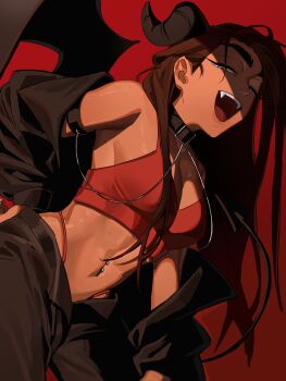 1girl absurdres alien_stage alternate_costume armlet bare_shoulders black_choker black_horns black_jacket black_pants black_wings bra brown_hair choker commentary cowboy_shot curled_horns dark-skinned_female dark_skin demon_horns demon_wings english_commentary fangs grey_eyes highres horns hyuna_(alien_stage) jacket jewelry kuradrawings long_hair navel navel_piercing off_shoulder open_fly pants piercing red_background red_bra red_pupils solo underwear wings