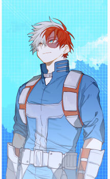 1boy absurdres black_eyes blue_eyes boku_no_hero_academia burn_scar commentary_request grid_background heterochromia highres light_smile looking_up male_focus multicolored_hair oredesunari red_hair scar scar_on_face short_hair solo split-color_hair superhero_costume todoroki_shoto two-tone_hair white_hair