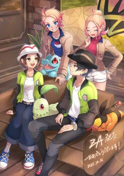 2boys 2girls ahoge bell-bottoms belt black_hair black_hat blonde_hair blue_belt blue_shirt blush breasts brown_eyes brown_hair brown_jacket closed_eyes closed_mouth couch crop_top fangs gen_2_pokemon gen_5_pokemon gradient_hair green_jacket grin hair_bun harmony_(pokemon) hat highres indoors jacket leaf long_sleeves luma_(mario) lying mega_ring mega_stone multicolored_hair multiple_boys multiple_girls nintendo on_stomach open_clothes open_jacket open_mouth pants paxton_(pokemon) pink_hair pokemon pokemon_(creature) pokemon_legends:_z-a red_eyes red_shirt ribbed_shirt ribbed_socks sharp_teeth shirt shoes short_hair shorts sitting smile socks starter_pokemon_trio striped_hat tail taunie_(pokemon) teeth tepig totodile turtleneck turtleneck_shirt urbain_(pokemon) white_hat white_shirt white_shorts yomogi_(black-elf)