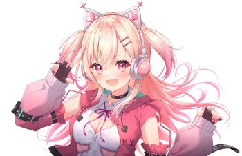 Rule 34 | 1girl, animal ear headphones, animal ears, aqua nails, black choker, black gloves, blonde hair, breasts, cat ear headphones, cat ears, choker, cleavage cutout, clothing cutout, commentary request, fake animal ears, fang, fingerless gloves, gloves, gradient hair, headphones, heart cutout, highres, hood, hood down, hooded jacket, jacket, long hair, long sleeves, medium breasts, momose nina, multicolored hair, nail polish, neck ribbon, open clothes, open jacket, open mouth, pink eyes, pink hair, pink jacket, pink nails, pink ribbon, project nebula, ribbon, shirt, simple background, solo, toki (toki ship8), upper body, virtual youtuber, white background, white shirt