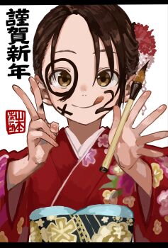 1girl :q black_hair brown_eyes calligraphy_brush closed_mouth commentary_request facepaint floral_print flower hair_flower hair_ornament hands_up highres holding holding_paintbrush japanese_clothes kimono long_sleeves manemane_nichinichi nagisa_akane nail_polish obi paintbrush pink_nails print_kimono red_flower red_kimono sash smile solo tongue tongue_out translation_request upper_body v white_background white_flower wide_sleeves yamamoto_souichirou