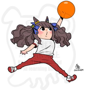 Rule 34 | 1girl, animal ears, ball, black eyes, blue bow, blush, bow, brown hair, commentary request, full body, gym uniform, hair bow, horse ears, horse girl, horse tail, jumping, long hair, onikobe rin, open mouth, pants, red pants, shirt, simple background, solo, tail, too many watermarks, tosen jordan (umamusume), umamusume, watermark, white background, white shirt