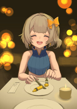 1girl :3 :d absurdres bare_shoulders bow breasts candle closed_eyes commentary crayon crop_top dating earrings english_commentary fork highres holding holding_knife jewelry knife light_blush marimari_(vtuber) open_mouth orange_bow phase_connect plate pov side_ponytail small_breasts smile table tastelikenyan virtual_youtuber white_hair