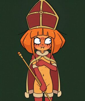 blue_eyes blunt_bangs blush broistgruen cape colored_skin freckles full-face_blush fur_trim green_background highres holding holding_scepter medium_hair mymy_schoppenboer navel nude ongezellig orange_hair orange_skin pout red_thighhighs scepter simple_background thighhighs