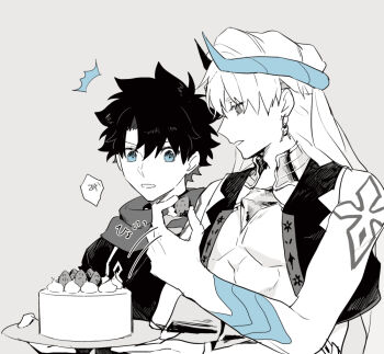 2boys ^^^ abs armor bare_shoulders bit_(8115894) blue_eyes cake chain circlet commentary_request earrings fate/grand_order fate_(series) food fruit fujimaru_ritsuka_(male) fujimaru_ritsuka_(male)_(true_ether_chaldea_uniform) gauntlets gem gilgamesh gilgamesh_(caster)_(fate) gilgamesh_(fate) greyscale hair_between_eyes half-closed_eyes holding holding_food holding_fruit holding_plate horns icing japanese_armor jewelry kote kurokote long_sleeves looking_at_another male_focus monochrome multiple_boys muscular muscular_male open_mouth pectorals plate scarf shirt short_hair shoulder_tattoo simple_background single_gauntlet strawberry tattoo turban upper_body veil