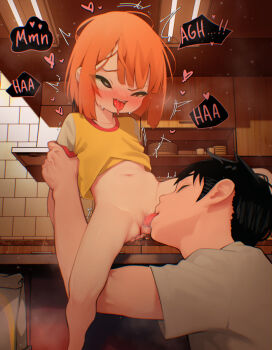 1boy 1girl age_difference ahegao blush bottomless censored clothes_lift cunnilingus daughter_(yoru_mac) dot_nose eyebrows_hidden_by_hair feet_out_of_frame flat_chest green_eyes half-closed_eye hetero indoors large_variant_set loli mcdonald&#039;s medium_hair mosaic_censoring navel nose_blush oral orange_hair pussy rolling_eyes shirt shirt_lift sitting size_difference spread_legs t-shirt tongue tongue_out two-tone_shirt variant_set white_shirt yellow_shirt yoko-chan_(mijizukeyoko) yoru_mac