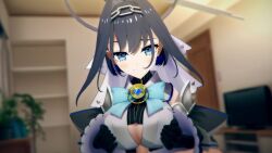 1boy 1girl 3d animated audible_speech blurry blush breasts cleavage clothed_female_nude_male cum depth_of_field door ejaculation hair_ornament hetero hololive hololive_english indoors large_breasts laughing light livestream_audio looking_at_viewer nude ouro_kronii paizuri paizuri_under_clothes plant pov ribbon robin00 smile sound streamer_audio table tagme television underboob video virtual_youtuber