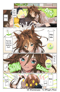 1boy 1girl 4koma assertive_female brown_hair comic english_text hard-translated hetero messy_hair mr._c.b._(umamusume) taromarun third-party_edit tongue tongue_out trainer_(umamusume) umamusume waking_up