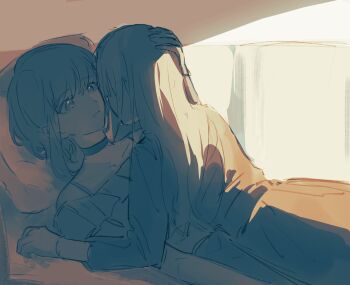 Rule 34 | 2girls, absurdres, bang dream!, bang dream! it's mygo!!!!!, choker, closed mouth, commentary, crying, geosmichi77, hand on another's head, headpat, highres, long hair, lying, lying on person, multiple girls, off-shoulder shirt, off shoulder, on back, shirt, short hair, wakaba mutsumi, yuri, yuutenji nyamu