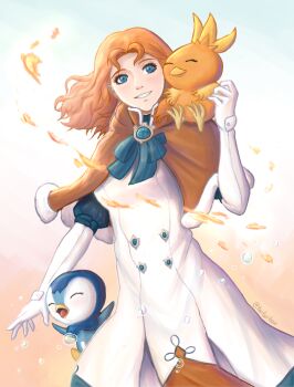 1girl absurdres animal animal_on_shoulder annette_fantine_dominic artist_name bird bird_on_shoulder blue_bow blue_eyes bow breasts brown_capelet capelet closed_eyes dress elbow_gloves facing_viewer fire fire_emblem gen_3_pokemon gen_4_pokemon gloves highres long_hair medium_breasts nintendo orange_hair outdoors piplup pokemon pokemon_(creature) smile standing tartarbox torchic white_dress