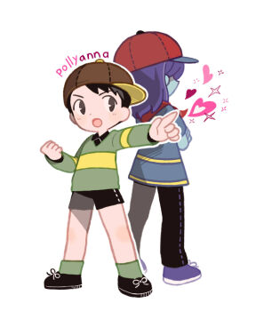 1boy 1other back-to-back black_eyes black_pants black_shorts blue_skin brown_hat casting_couch clenched_hand colored_skin cosplay deltarune full_body green_socks hat highres kris_(deltarune) kris_(deltarune)_(cosplay) mother_(series) mother_1 ninten ninten_(cosplay) nintendo open_mouth outstretched_arm pants red_hat shirt shorts socks song_name standing striped_clothes striped_shirt tanba_(tanba-art) utdr_(toby_fox)