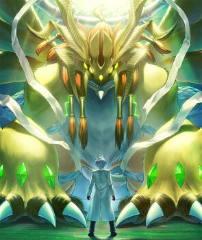 black_pants coat cool_boy_(digimon) dalphomon digimon digimon_(creature) digimon_card_game digimon_liberator extra_eyes gem glowing grey_hair kazuki_seihou lab_coat light_rays official_art orange_hair pants sharp_teeth short_hair solo_focus standing teeth white_coat