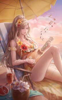 1girl alcohol artist_request beach_chair beach_umbrella beads bikini breasts brown_eyes brown_hair chair champagne_flute cleavage cloud collarbone cup drinking_glass expressionless feet_out_of_frame floral_print flower flower_necklace food frilled_armlet fruit game_cg hair_flower hair_ornament hibiscus high_ponytail highres instrument jewelry knee_up large_breasts long_hair looking_ahead music musical_note musical_staff necklace nikki_(series) ocean official_art on_chair orange_bikini orange_flower orange_sky parted_lips playing_instrument pleasant_breeze_(shining_nikki) pomegranate ponytail red_flower shining_nikki sidelocks sitting sky solo stomach sunflower swimsuit thighs ukulele umbrella very_long_hair white_flower wine yellow_flower