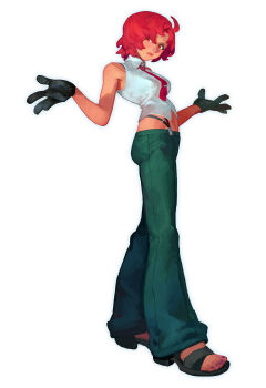 1girl black_gloves breasts collared_shirt commentary english_commentary fl_(l-fl) gloves highres navel necktie red_hair red_necktie shirt short_hair simple_background solo suspenders the_king_of_fighters toes vanessa_(kof) white_background