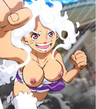1girl absurdres breasts female_focus fist gear_fifth hand_up highres jewelry_bonney large_breasts nipples nude_filter one_piece open_mouth piercing pink_eyes running self-upload smile thighhighs third-party_edit toei_company topless_female white_hair