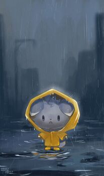 espurr gen_6_pokemon grey_fur highres imazartz looking_at_viewer nintendo no_humans open_mouth pokemon pokemon_(creature) pokemon_focus pokemon_legends:_z-a purple_eyes raincoat short_hair standing yellow_raincoat
