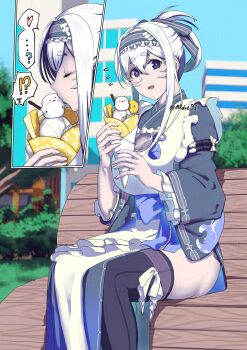 1girl alternate_costume apron bench bird black_eyes black_kimono black_thighhighs blue_sky commentary_request crepe day feet_out_of_frame folded_hair food frilled_apron frilled_headband frills grey_headband headband highres japanese_clothes kamoi_(kancolle) kamoi_(valentine)_(kancolle) kantai_collection kimono maid maid_apron mrdotd outdoors sky solo thick_eyebrows thighhighs wa_maid white_hair