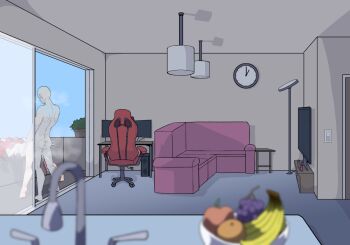 1boy 1girl animal_ears apartment apple ass back balcony banana bent_over blue_sky blurry ceiling_light chair clock colored_skin completely_nude computer couch counter day depth_of_field facing_away faucet food from_behind fruit fruit_bowl gaming_chair grapes grey_skin hakos_baelz hetero hololive hololive_english living_room monitor moral_cacoethes motion_lines mouse_ears mouse_girl mouse_tail nintendo_switch nude orange_(fruit) paid_reward_available pussy_juice red_hair sex sex_from_behind sky standing standing_sex swivel_chair tail television twintails virtual_youtuber