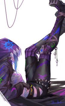 1girl animal_hood arcane:_league_of_legends arcane_fractured_jinx belt black_belt black_boots black_gloves black_pants blue_hair boots chest_sarashi cloud_tattoo commentary elbow_rest fingerless_gloves from_side gloves hashtag-only_commentary heibai_bangbing highres hood hood_up jacket jinx_(league_of_legends) lace-up_boots league_of_legends legs_up pants patchwork_clothes purple_hood purple_jacket reclining sarashi shark_hood simple_background single_fingerless_glove solo spiked_belt tattoo white_background