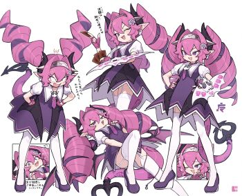 Rule 34 | 1girl, :d, ;d, absurdres, anger vein, angry, card, commentary request, demon girl, demon horns, demon tail, dress, drill hair, duel disk, fang, fingerless gloves, garter straps, gloves, hair ornament, hairband, hands on own hips, highres, holding, holding card, horns, long hair, looking at viewer, multiple views, necktie, one eye closed, open mouth, original, pink gloves, pink hair, pink nails, pink necktie, platform heels, pointy ears, puffy short sleeves, puffy sleeves, purple dress, purple eyes, short sleeves, simple background, smile, smug, tail, thighhighs, translation request, twin drills, white background, white garter straps, white thighhighs, zizi niisan