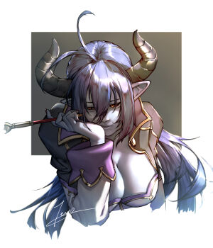 1girl absurdres ahoge asmodeus_(shinrabanshou) black_jacket black_sclera blue_hair breasts cleavage colored_sclera colored_skin cropped_torso grey_skin head_rest highres horns jacket large_breasts long_hair pointy_ears shinrabanshou smoking_pipe solo teppu_tora yellow_eyes