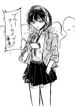 1girl bag blazer blue_archive greyscale headphones highres holding holding_phone jacket maki_(mahounoki18) monochrome necktie original phone school_uniform shirt skirt translated white_shirt