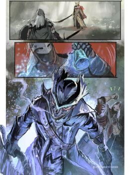 1girl 2boys armor bloodborne bloody_wolf_(elden_ring) boots cape cloak coat crossover elden_ring fromsoftware full_armor gloves gun guri_otoko hat helm helmet highres holding holding_sword holding_weapon hunter_(bloodborne) long_hair male_focus malenia_blade_of_miquella mask mechanical_arms mouth_mask multiple_boys prosthesis prosthetic_arm red_hair saw saw_cleaver short_hair single_mechanical_arm standing sword tarnished_(elden_ring) tricorne weapon white_hair winged_helmet