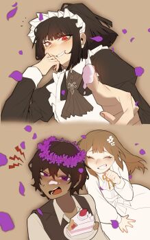 1boy 2girls apron ascot bandaid bandaid_on_face bandaid_on_nose black_dress black_hair blush brown_ascot brown_background brown_hair cake cake_slice catherine_(project_moon) child closed_eyes collarbone collared_shirt dark-skinned_male dark_skin dress flower flower_wreath food fruit grin hai000_0 hair_flower hair_ornament heathcliff_(project_moon) highres holding holding_plate juliet_sleeves lightning_bolt_symbol limbus_company long_hair long_sleeves looking_at_viewer maid_apron maid_headdress multiple_girls notice_lines open_mouth plate ponytail pov project_moon puffy_sleeves purple_eyes purple_flower purple_petals red_eyes ryoshu_(project_moon) shirt short_hair simple_background smile strawberry sweat teeth vest white_apron white_dress white_flower white_shirt wuthering_heights_(identity)_(project_moon)