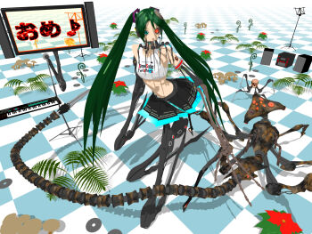 1girl 3d bare_shoulders bone bug calne_ca_(deino) cd checkered_floor chibi_karu-san cosplay crop_top cyborg deino_(deino3330) fern floor flower green_hair hatsune_miku hatsune_miku_(cosplay) heterochromia instrument isopod magnesium_(deino) midriff miniskirt monitor mushroom music_stand plant poinsettia skirt skull speaker stereo synthesizer tank_top twintails vocaloid