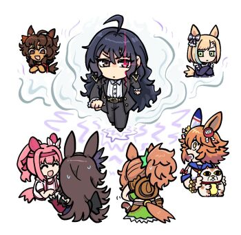 &lt;o&gt;_&lt;o&gt; 6+girls :d ahoge animal_ears bitter_glasse_(umamusume) black_jacket black_pants blonde_hair blue_streaks bow brown_eyes brown_gloves brown_hair brown_hat closed_mouth cowboy_hat crossed_arms dark-skinned_female dark_skin daruma_doll_hair_ornament ear_bow ear_covers gloves glowing glowing_eye green_eyes green_shirt green_skirt grey_eyes hair_ornament haru_urara_(bestest_prize)_(umamusume) haru_urara_(umamusume) hat headband horse_ears horse_girl horse_tail jacket kashimoto_riko little_cocon_(umamusume) long_hair looking_at_viewer maneki-neko matikanefukukitaru_(rising_fortune)_(umamusume) matikanefukukitaru_(umamusume) medium_hair menacing multiple_girls nervous_sweating open_clothes open_jacket open_mouth orange_hair pants pikminpreggedup pink_hair pink_headband pinstripe_jacket pinstripe_pattern pinstripe_shirt ponytail rice_shower_(rosy_dreams)_(umamusume) rice_shower_(umamusume) shirt short-sleeved_jacket short_ponytail short_sleeves single_ear_cover skirt smile star_(symbol) star_hair_ornament sweat taiki_shuttle_(umamusume) taiki_shuttle_(wild_frontier)_(umamusume) tail umamusume v-shaped_eyebrows very_long_hair walking wavy_hair white_bow white_jacket white_shirt