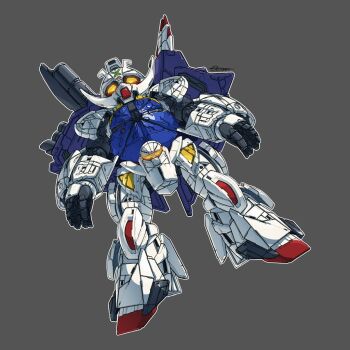chibi commentary facial_hair full_body fusion glowing glowing_eyes grey_background gundam looking_at_viewer mecha mecha_focus mustache no_humans robot science_fiction sd_gundam solo toilobo turn_a_gundam turn_a_gundam_(mobile_suit) turn_x yellow_eyes