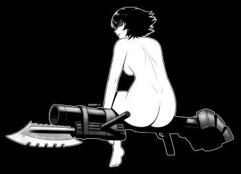 1girl artist_name ass black_background black_hair breasts commentary completely_nude deadmann_artworks devil_may_cry_(series) english_commentary highres kalina_ann_(weapon) lady_(devil_may_cry) looking_at_viewer looking_back nude rocket_launcher scar scar_on_face scar_on_nose simple_background sitting_on_weapon smile weapon