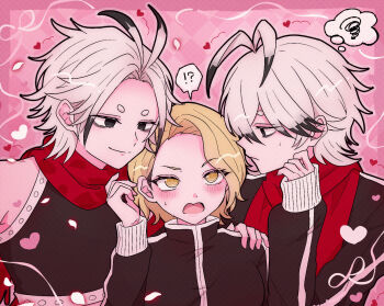 !? 1girl 2boys antenna_hair black_jacket blonde_hair blush closed_mouth commentary confused dual_persona grey_hair hand_on_another&#039;s_shoulder heart hetero highres ink_(0killq) jacket kiriyama_rokuro looking_at_another multiple_boys open_mouth red_scarf sazanami_kuina scarf short_hair smile sweat tougen_anki yellow_eyes