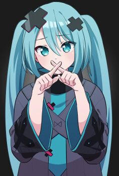 Rule 34 | 1girl, amaka (maka prsk), aqua eyes, aqua hair, black background, commentary request, covering own mouth, grey shirt, hair between eyes, hair ornament, hatsune miku, highres, looking at viewer, project sekai, shirt, simple background, solo, twintails, vocaloid, x hair ornament