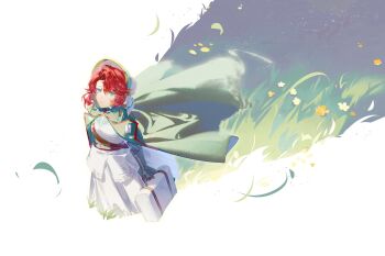 Rule 34 | 1girl, absurdres, blue eyes, cape, commentary, english commentary, flower, from above, full body, gauntlets, grass, green cape, hat, highres, looking up, marsha (reverse:1999), monuo518, red hair, reverse:1999, shadow, short hair, skirt, smile, solo, standing, suitcase, white background, white hat, white skirt, yellow flower