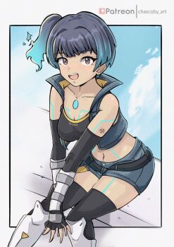 1girl bare_shoulders blue_hair blue_sky blush boots breasts chascoby cloud crop_top cropped_jacket dark-skinned_female dark_skin elbow_gloves gloves glowing glowing_hair looking_at_viewer medium_breasts midriff sena_(xenoblade) shorts side_ponytail sitting sky sleeveless smile teeth upper_teeth_only xenoblade_chronicles_(series) xenoblade_chronicles_3