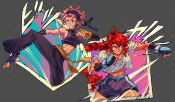 1990s_(style) 1990s_fashion 2girls abs alternate_hairstyle bike_shorts bike_shorts_under_shorts black_gloves black_headband black_pants blue_eyes braid breasts clenched_hands commentary crop_top david_liu dolphin_shorts english_commentary fingerless_gloves gloves grin headband highres kicking large_breasts long_hair maria_(space_maria) martial_arts medium_breasts mma_gloves multiple_girls muscular muscular_female original pants pi_(space_maria) pink_hair punching red_eyes red_hair retro_artstyle sash scar scar_on_arm scar_on_leg scars_all_over short_hair shorts sideboob single_braid smile sound_effects space_maria stirrup_legwear thick_thighs thighs toeless_legwear toned toned_female too_many very_long_hair