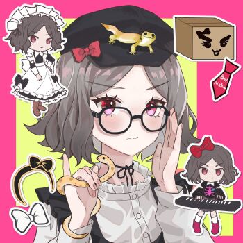 Rule 34 | 1girl, apron, black dress, black hat, bow, chibi, chibi inset, commentary, dress, ebizuka tomo, girls band cry, glasses, grey hair, hat, hat bow, highres, hokureisuzume, instrument, keyboard (instrument), looking at viewer, maid, maid headdress, multiple views, red bow, red eyes, shirt, short hair, snake, socks, upper body, white apron, white shirt, white socks