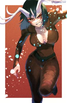 1girl angry arm_up black_eyes black_hair bleach blunt_ends bob_cut border breasts brown_fur cleavage clenched_teeth collarbone commentary_request emilou_apacci facial_mark foot_out_of_frame horns large_breasts long_sleeves looking_at_viewer medium_hair orange_eyes outside_border red_background resurreccion simple_background single_horn solo soraao0322 teeth thigh_gap tsurime twitter_username v-shaped_eyebrows white_border