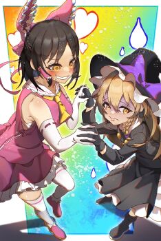 Rule 34 | 1boy, 1girl, ascot, black boots, black coat, black gloves, black hair, blush, boots, bow, buttons, coat, commentary request, cookie (touhou), crossdressing, crossdressing (ftm), drooling, elbow gloves, frilled bow, frilled hair tubes, frilled skirt, frills, full body, genderswap, genderswap (ftm), gloom (expression), gloves, hair bow, hair tubes, hakurei reimu, highres, holding hands, interlocked fingers, kirisame marisa, long hair, looking at another, magical girl, mouth drool, open mouth, pink bow, pink shirt, pink shoes, pink skirt, purple bow, rainbow background, rei (cookie), ribbon-trimmed gloves, ribbon trim, sananana (cookie), shirt, shoes, short hair, sidelocks, skirt, skirt set, sleeveless, sleeveless shirt, smile, thighhighs, tonpuson, touhou, trap, white gloves, white thighhighs, yellow ascot, yellow eyes