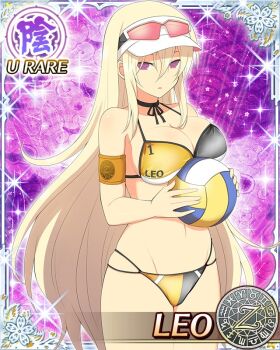 1girl :o aquarius_(symbol) aries_(symbol) armband ball bikini black_choker black_ribbon blonde_hair border breasts cancer_(symbol) capricorn_(symbol) card_(medium) choker cleavage cowboy_shot dodecagram eyewear_on_head gemini_(symbol) grey_bikini groin hair_between_eyes holding holding_ball large_breasts leo_(senran_kagura) leo_(symbol) libra_(symbol) long_hair looking_at_viewer multicolored_bikini navel neck_ribbon number_print official_art pisces_(symbol) purple_background purple_eyes ribbon sagittarius_(symbol) school_emblem scorpio_(symbol) senran_kagura senran_kagura_new_wave solo string_bikini swimsuit taurus_(symbol) two-tone_bikini very_long_hair virgo_(symbol) visor_cap volleyball_(object) yellow_armband yellow_bikini zodiac_wheel