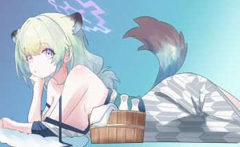 1girl 2025 absurdres animal_ears blue_archive bottle breasts commentary english_commentary gradient_background gradient_hair gradient_halo green_hair halo highres large_breasts looking_at_viewer lying multicolored_hair multicolored_halo on_stomach purple_halo sake_bottle shigure_(blue_archive) sideboob solo tail uj_bada