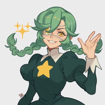 Rule 34 | 1girl, annie (skullgirls), bad id, bad twitter id, blush, braid, eyepatch, green hair, grey background, grin, long sleeves, looking at viewer, puffy long sleeves, puffy sleeves, skullgirls, smile, solo, sparkle, twin braids, upper body, waving, yellow eyes, yokomiro chan