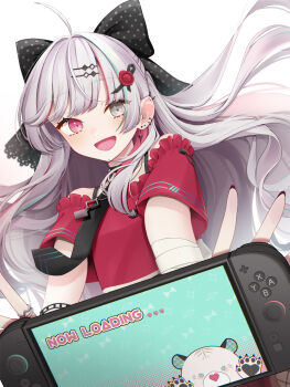 1girl black_necktie bow controller game_controller grey_eyes grey_hair hair_bow hair_ornament handheld_game_console heterochromia highres holding ishigami_nozomi ishigami_nozomi_(1st_costume) long_hair multicolored_hair necktie nijisanji nintendo_switch off_shoulder polka_dot polka_dot_bow red_nails red_shirt shirt short_sleeves solo virtual_youtuber yu-ki_(user_dttw2327)