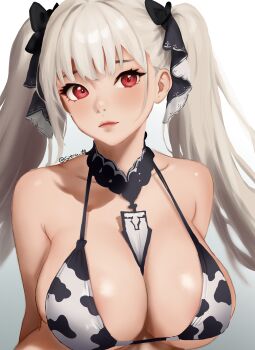 1girl absurdres alternate_costume animal_print arms_behind_back azur_lane bare_shoulders between_breasts bikini black_bow black_ribbon bow breasts cleavage collarbone commentary cow_print cow_print_bikini english_commentary formidable_(azur_lane) gintra grey_hair hair_ribbon highres large_breasts lips nose print_bikini red_eyes ribbon simple_background solo swimsuit twintails two-tone_ribbon upper_body white_background white_ribbon