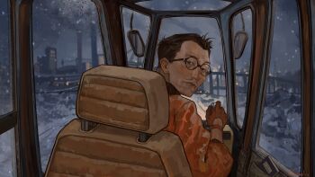 1boy absurdres aegyo_sal black_eyes black_hair bomber_jacket car_interior chimney commentary disco_elysium english_commentary factory glasses gloves highres jacket kim_kitsuragi kozmoraven1610 looking_at_viewer looking_back male_focus orange_gloves orange_jacket short_hair skyline smoke snow snowing solo upper_body winter