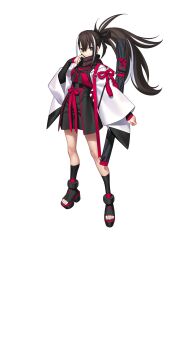 1girl black_ribbon black_scarf black_shoes black_shorts black_socks brown_eyes brown_hair fate/grand_order fate_(series) full_body hair_ribbon haori highres japanese_clothes kawakami_gensai_(fate) kawakami_gensai_(first_ascension)_(fate) large_variant_set long_hair looking_at_viewer multicolored_hair official_art ponytail red_ribbon ribbon scarf shirt shoes shorts socks solo standing streaked_hair sword tachi-e takeuchi_takashi third-party_source transparent_background two-tone_hair variant_set weapon white_hair white_haori